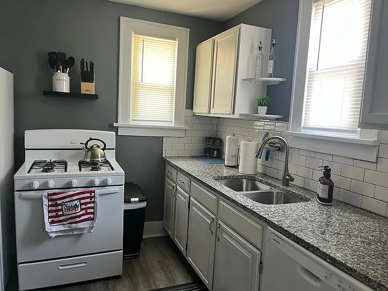 A full kitchen with everything you need. Includes microwave, stove and etc.