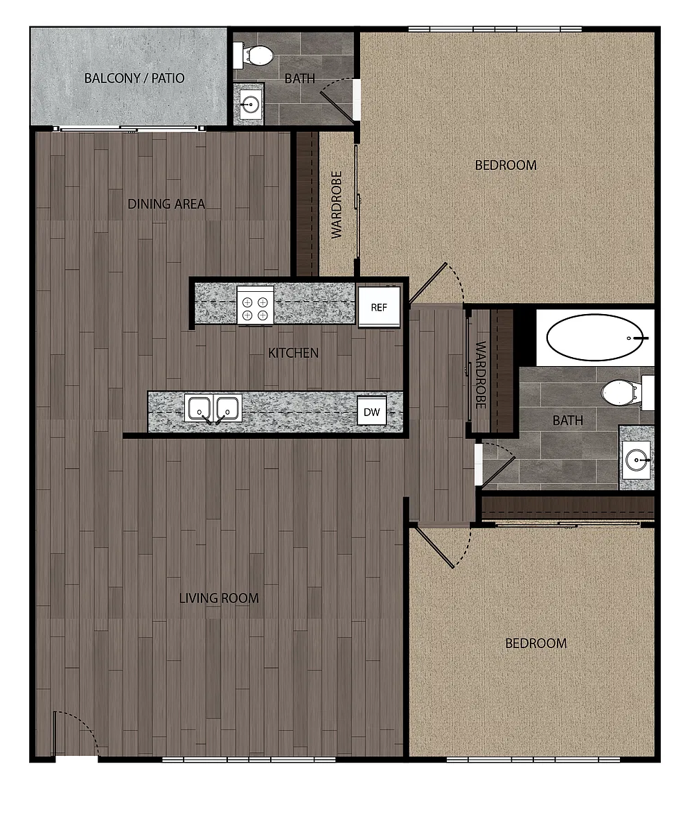 Floor plan 2 Bed, 1 Bath, 930-961 sf, (6)