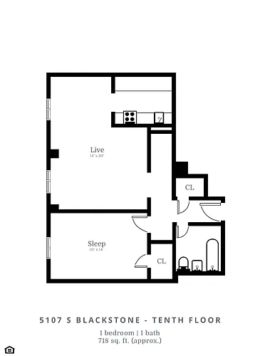 Floor plan 1 Bedroom, 1 Bathroom (B5)