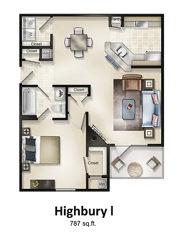 Floor plan 1 Bedroom with Sunroom or Patio Highbury
