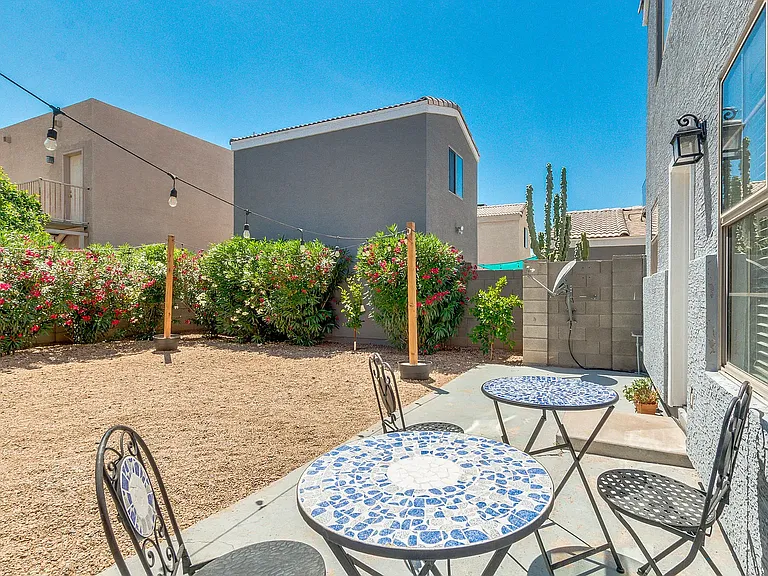 Patio set is different, a 6 top glass table with 6 chairs and an umbrella