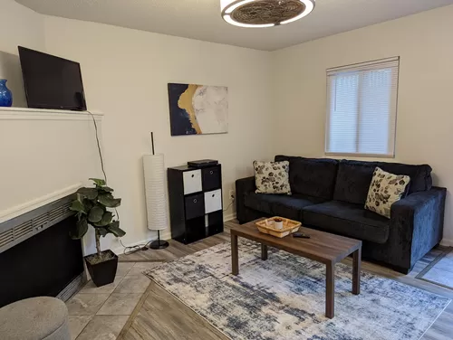 Family room with couch table and overhead light, fan and decorative fireplace. - 722 Lesner Ave #107