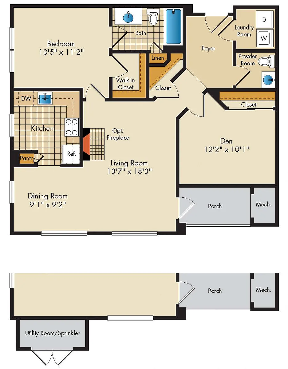 Floor plan 1 Bed 1.5 Bath Den