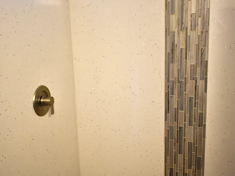 Master Bathroom - Walkin shower with solid-surface surround, mosaic tile accents, built-in shelves, and fixtures - installed Aug 2024.