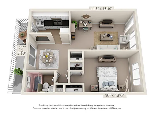 Floor plan 1 Bedroom, 1 Bath B (Balcony)