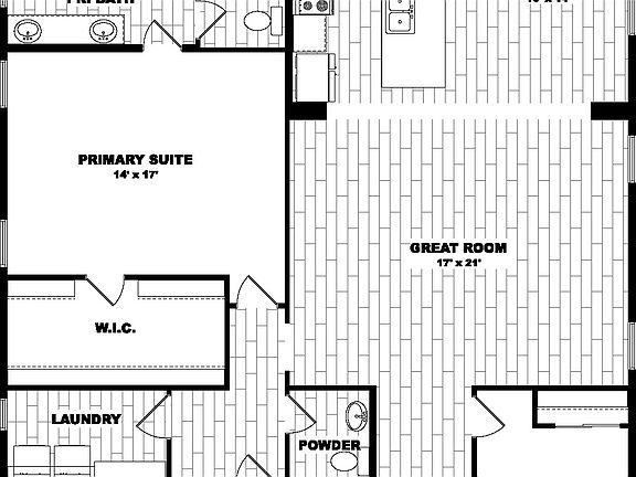 Black and white floor plan of a house with four bedrooms, two and a half baths, a great room, kitche
