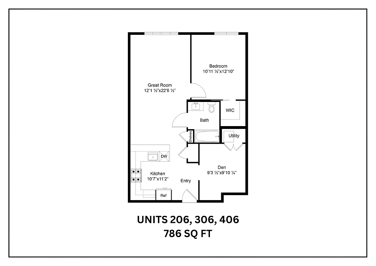 Floor plan 1 Bedroom with Den - 786 sft