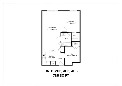 Floor plan 1 Bedroom with Den - 786 sft