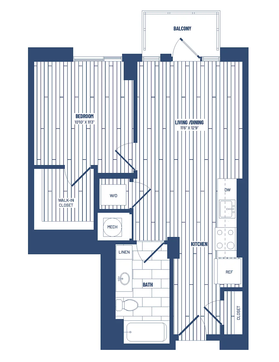 Floor plan 1 Bed/1 Bath-H1D-Balcony
