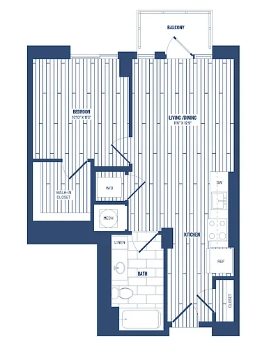 Floor plan 1 Bed/1 Bath-H1D-Balcony
