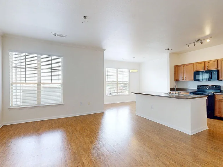 Apartment Kitchen with black appliances, Dining and Living Room with wood style floor.