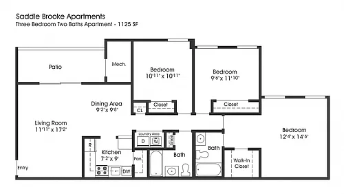 Floor plan 3BR 2BA (1125sf)