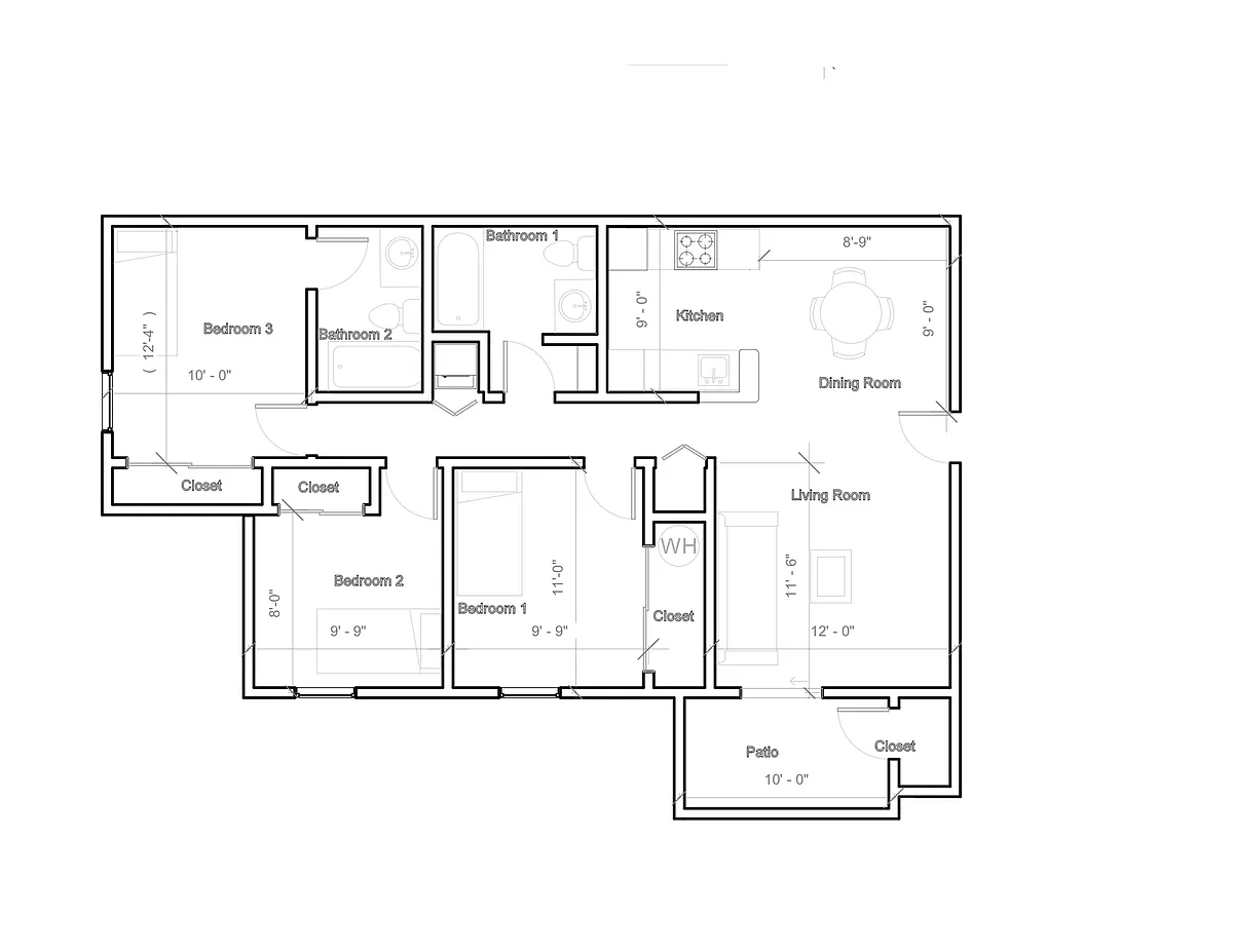 Floor plan 3 Bedroom 1 Bath Accessible with Washer Dryer
