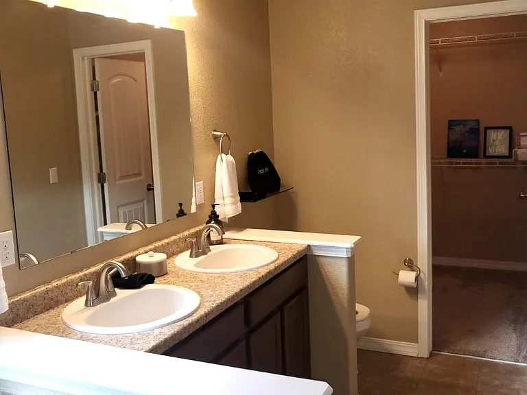 Primary bath with double vanity, walk-in closet, soaking tub and separate walk-in shower.