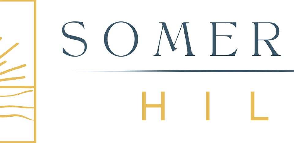 Logo with a sun over hills icon and SOMERSET HILL text, representing new homes in Virginia, on a bla