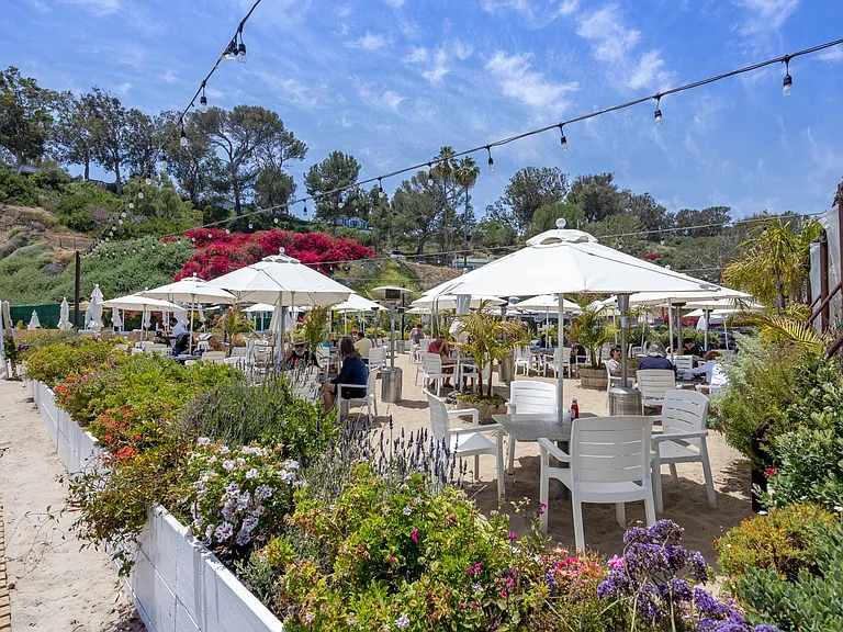 Surfside tropical drinks & American fare in an enclosed, airy cafe with some tables on the sand.