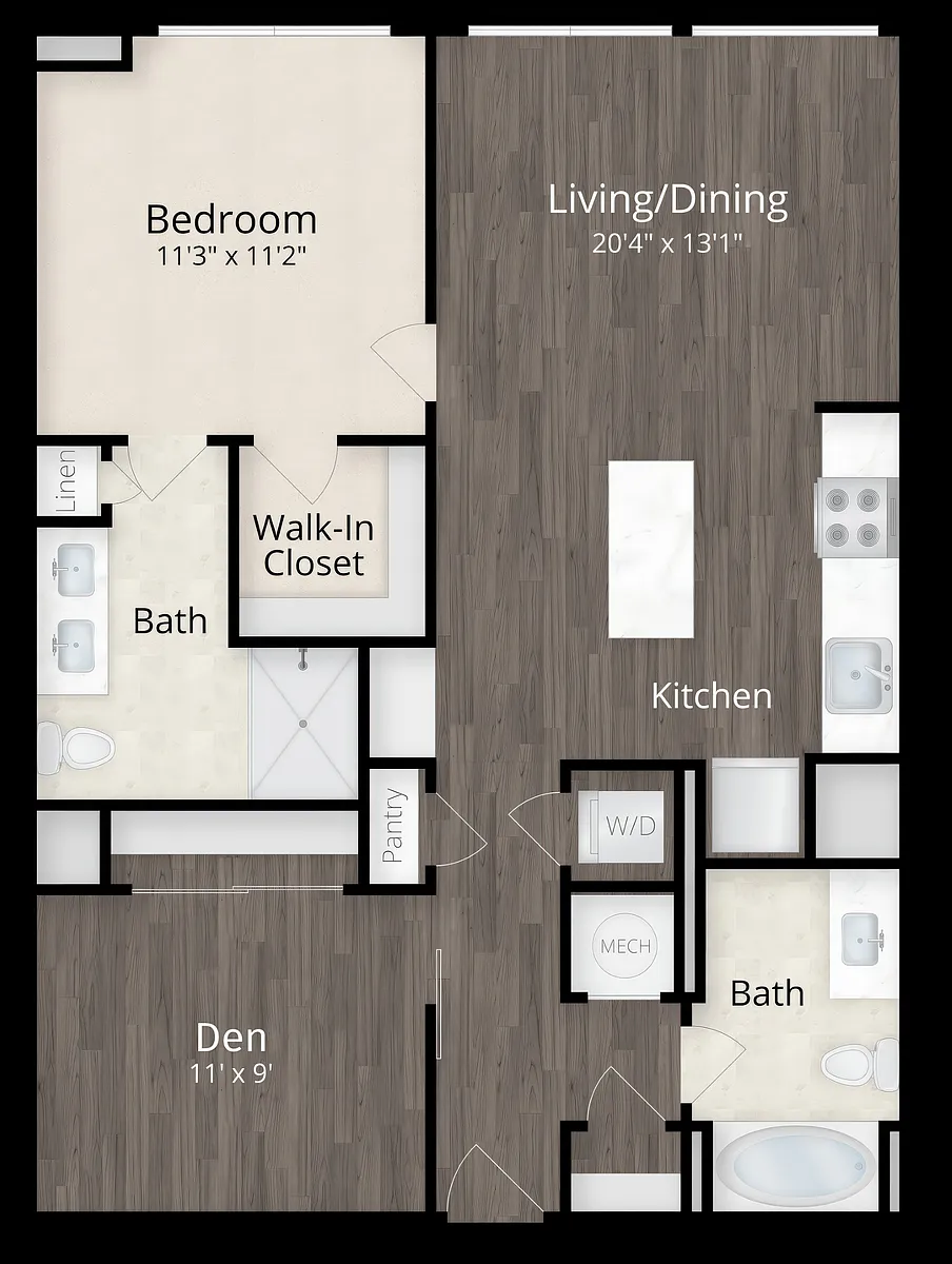 Floor plan Large One Bedroom with Den
