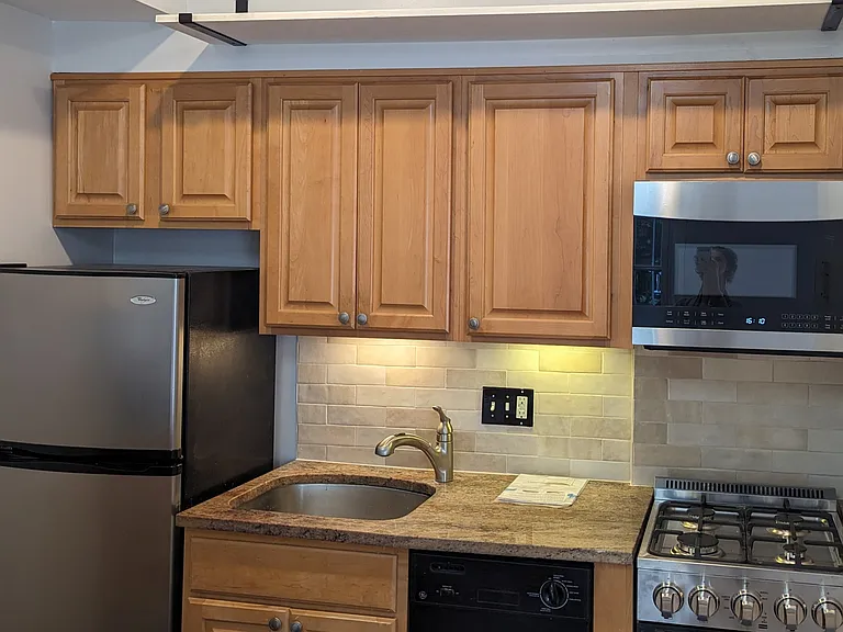 Fridge, sink, oven, microwave