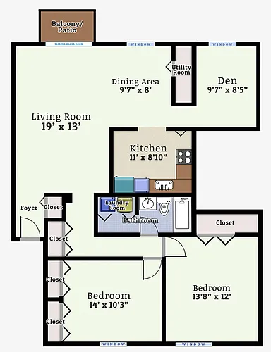 Floor plan Two Bedroom One Bath Den Garden