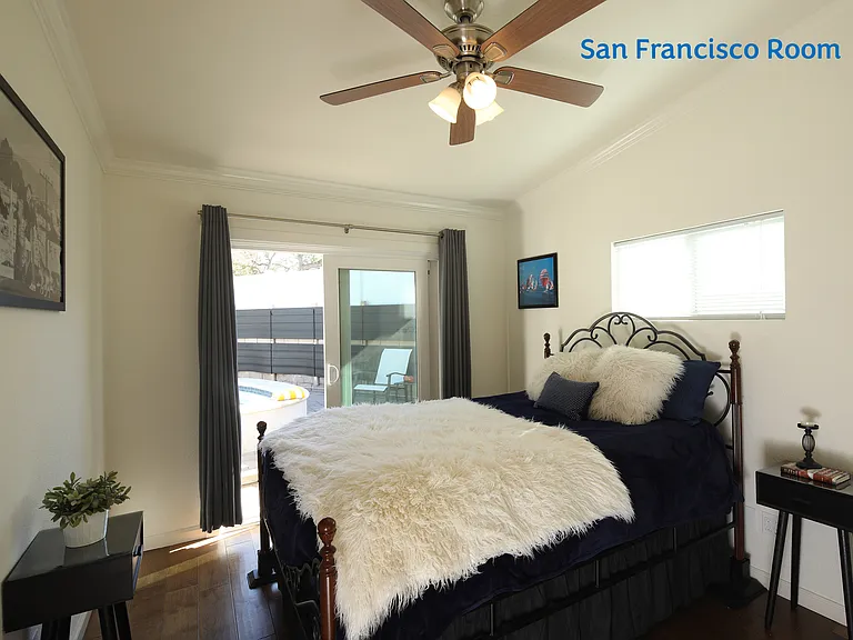 This is the San Francisco Room, named for the San Francisco themed art that decorates it. 140 Sq. Ft. room.