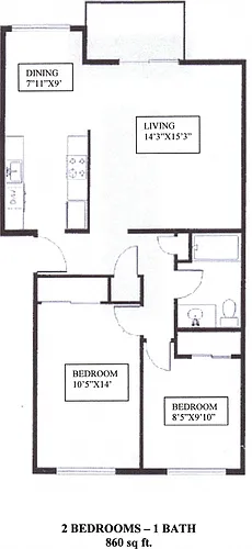 Floor plan 2 Bedroom, 1 Bath