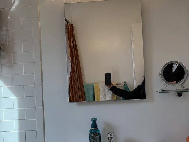 Bathroom sink & lighting. The mirror opens to a medicine cabinet with a mirrored interior and a mirror behind the door.