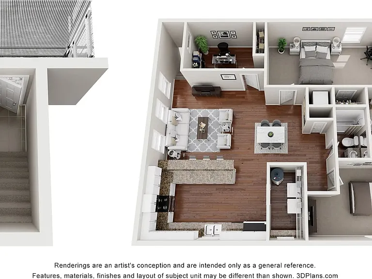 A 3D floor plan rendering of The Suite floor plan.
