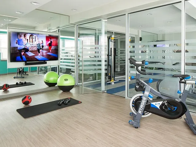 Avia Lowry's fitness center equipped with exercise machines, weights and a television.
