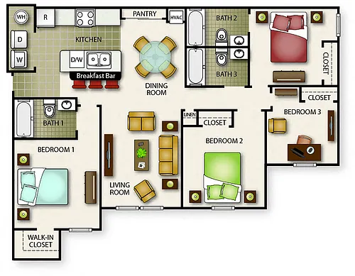 Floor plan Four Bedroom Three Bath