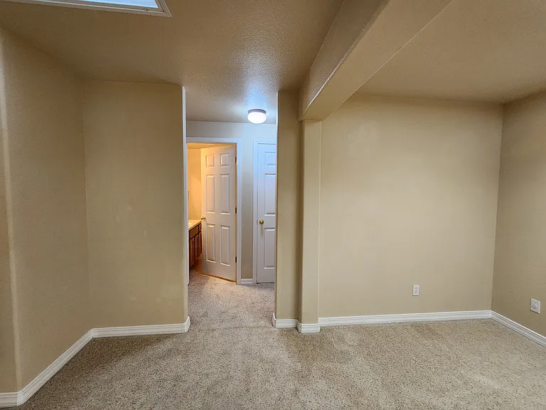 Rec Room Downstairs - View of Hallway to Bedrooms, Door on Left to Bathroom and Linen Closet Door to the Right.