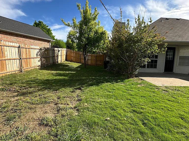 Fully fenced backyard with shed