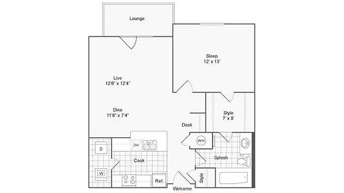 Floor plan 1 bed/1 bath-867 sqft