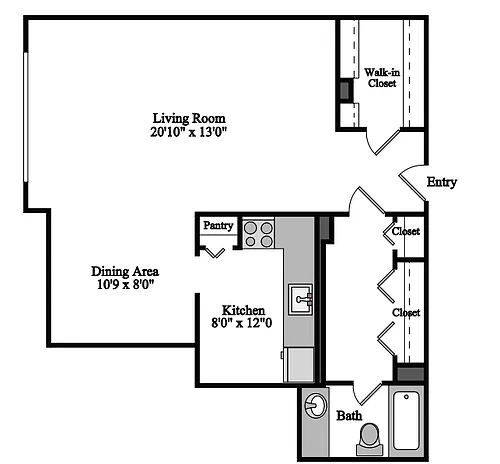 Floor plan Studio, 1 Bath 672 SF 01e