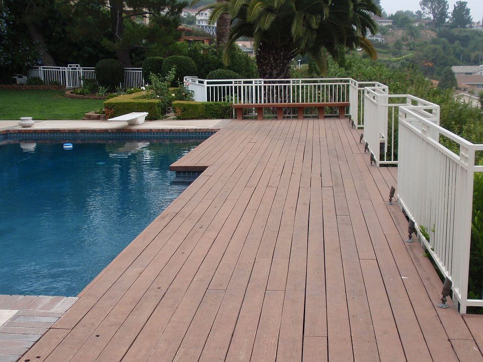 Backyard deck, pool and side