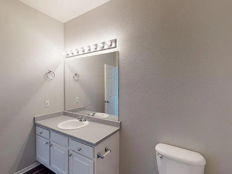 Apartment bathroom with wood-style flooring.