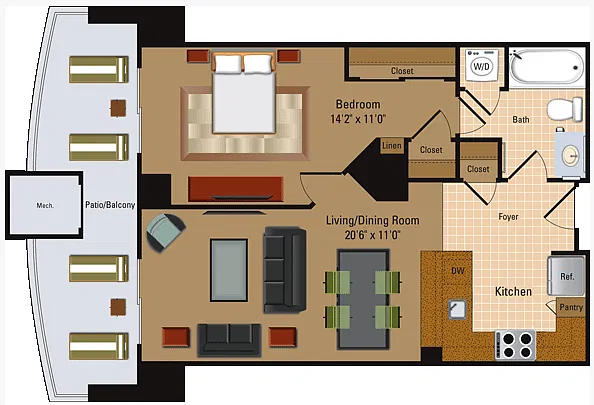 Floor plan 1 Bedroom, 1 Bath - A1