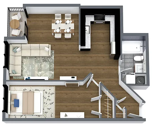 Floor plan Fairview - 1 Bedroom Corner with Balcony