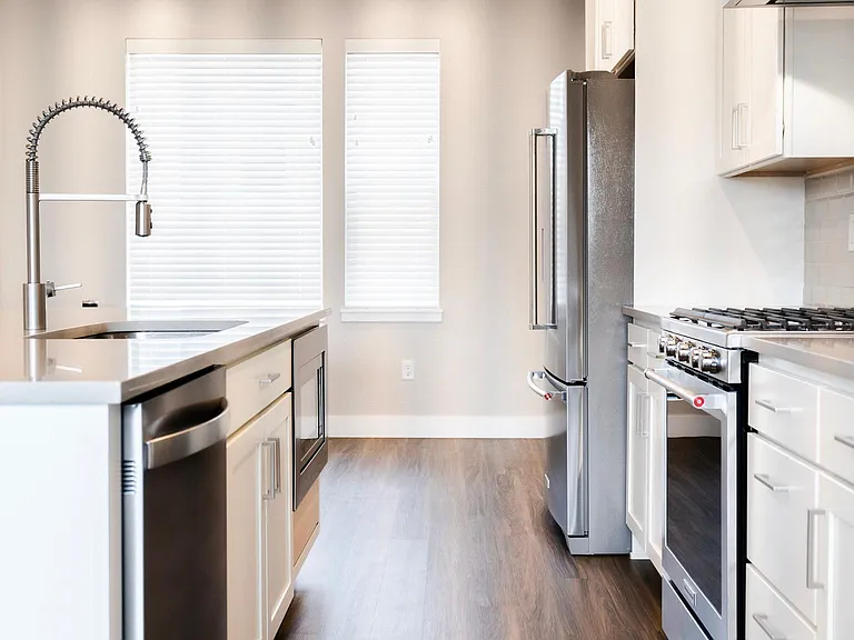 Island: dishwasher, large sink, integrated microwave
Wall: french-door fridge with water/ice dispenser, gas stove & convection oven