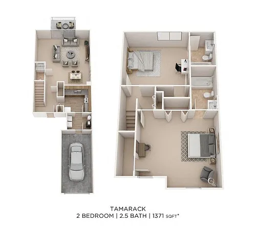 Floor plan Two Bedroom 2.5 Bath Townhome-1371 sqft