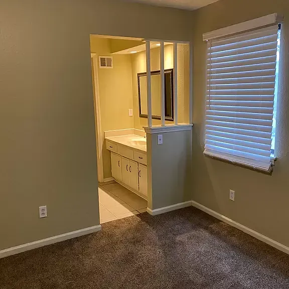 Master Bed/Bath with new carpet and privacy blind