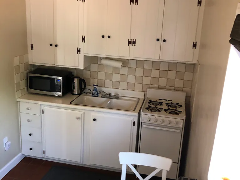 A full kitchen with kitchen table and a view over the back property. Fridge is on other side of the room