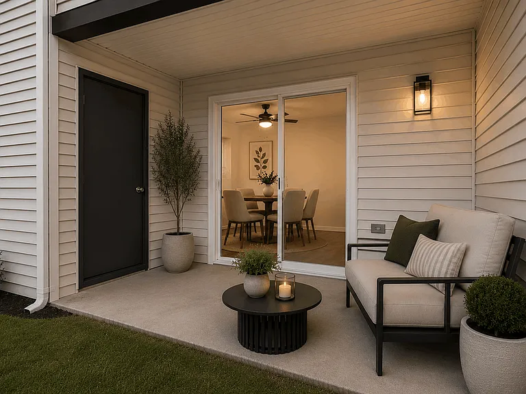 Covered patio with private outdoor living space and comfortable seating area. Covered patio with private outdoor living space and comfortable seating area.