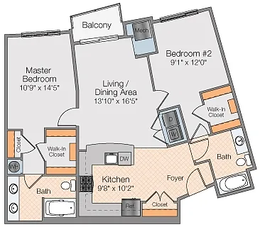Floor plan 2 Bedroom 2 Bath 60%