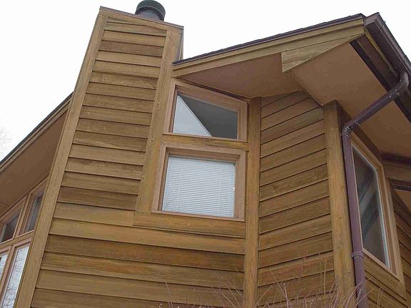 Exterior of chimney, with angled windows
