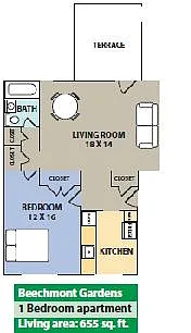 Floor plan 1-Bedroom with Deck