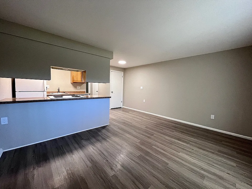 Bright and spacious apartment interior with modern hardwood floors, open kitchen area, and minimalist design.
