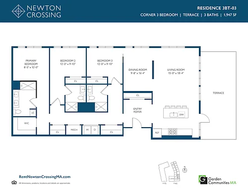 Floor plan Corner Three Bedroom Apartment with Terrace 3BT-03