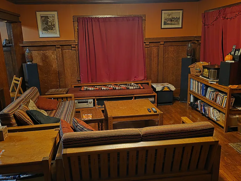 Parlor / reception room with hidden 3D home theater projection system