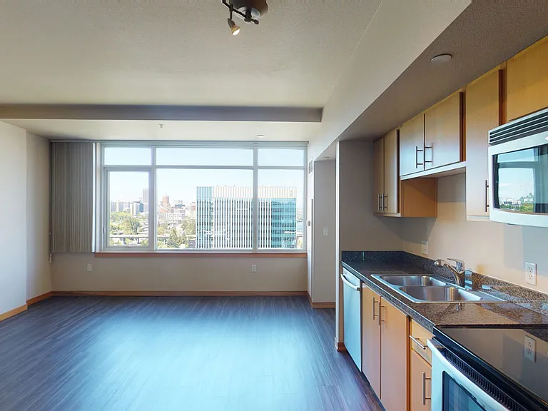Apartment kitchen with stainless steel appliances, dining and living room with wood-style flooring.