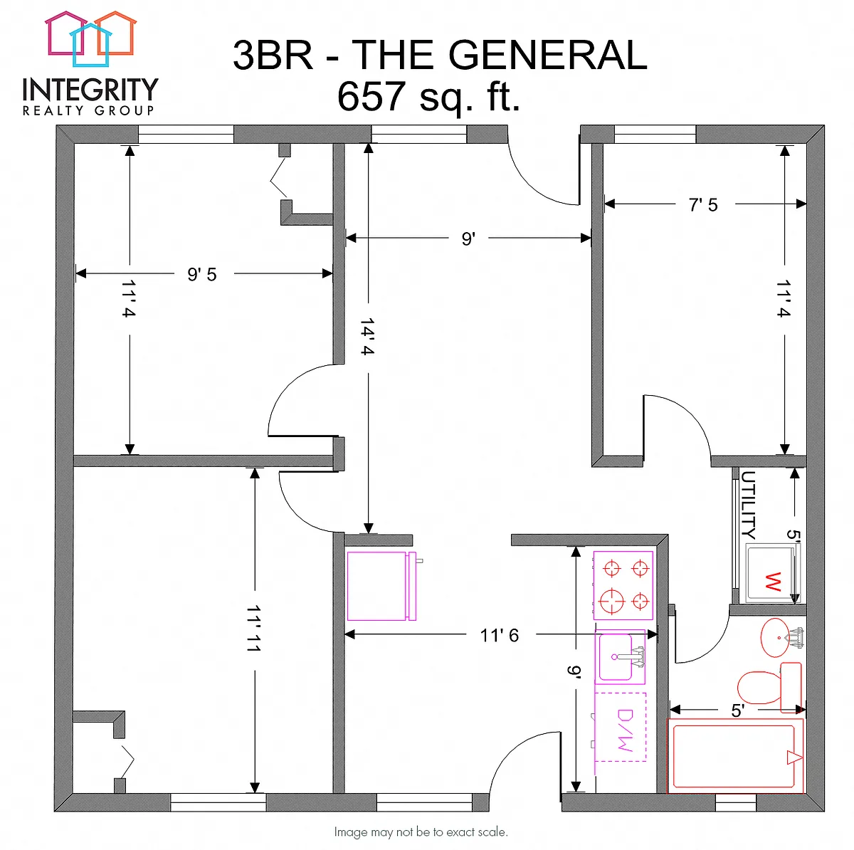 Floor plan 3 Bedroom 1 Bath (Middle Apartment)